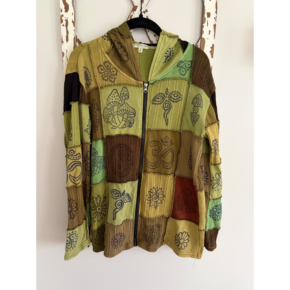 Earthbound Trading Green Hippie Raw Patchwork Zip Hoodie Boho Festival Size M
